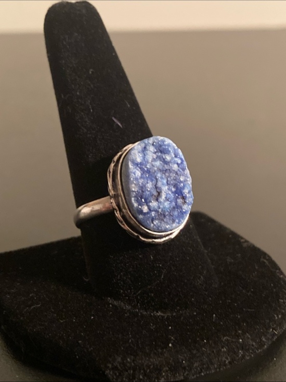 Blue Druzy Stone Sterling Ring - Elegant Women's Jewelry size 10
